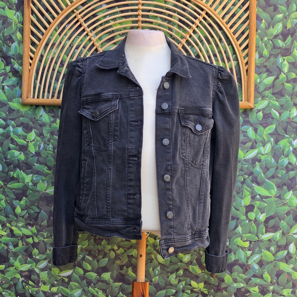 Gap Womens Black Puff Sleeve Denim Jacket Size L Washed Trucker Jean Coat